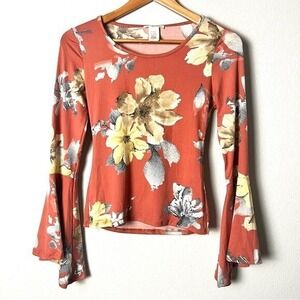 Vintage Y2K Banana Lemon Flare Sleeve Floral Top Indie Boho Festival‎ Size Small